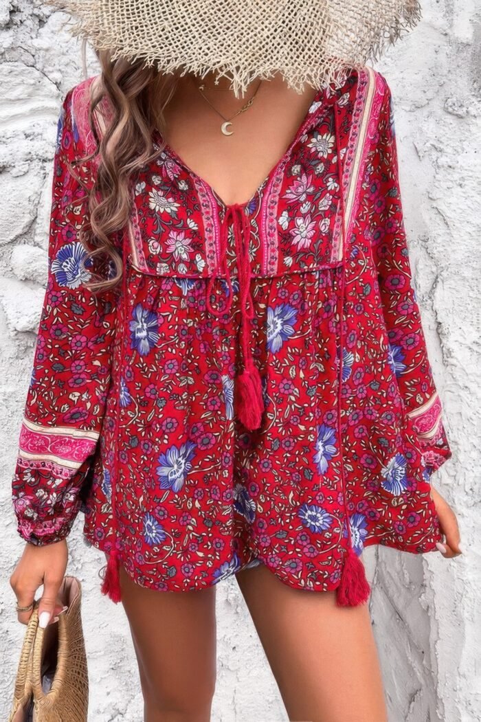 All over floral print cross deep v boho top