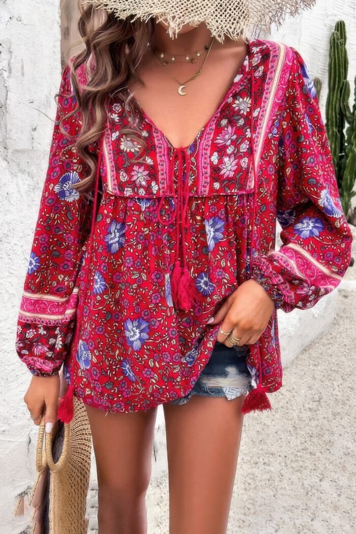All over floral print cross deep v boho top