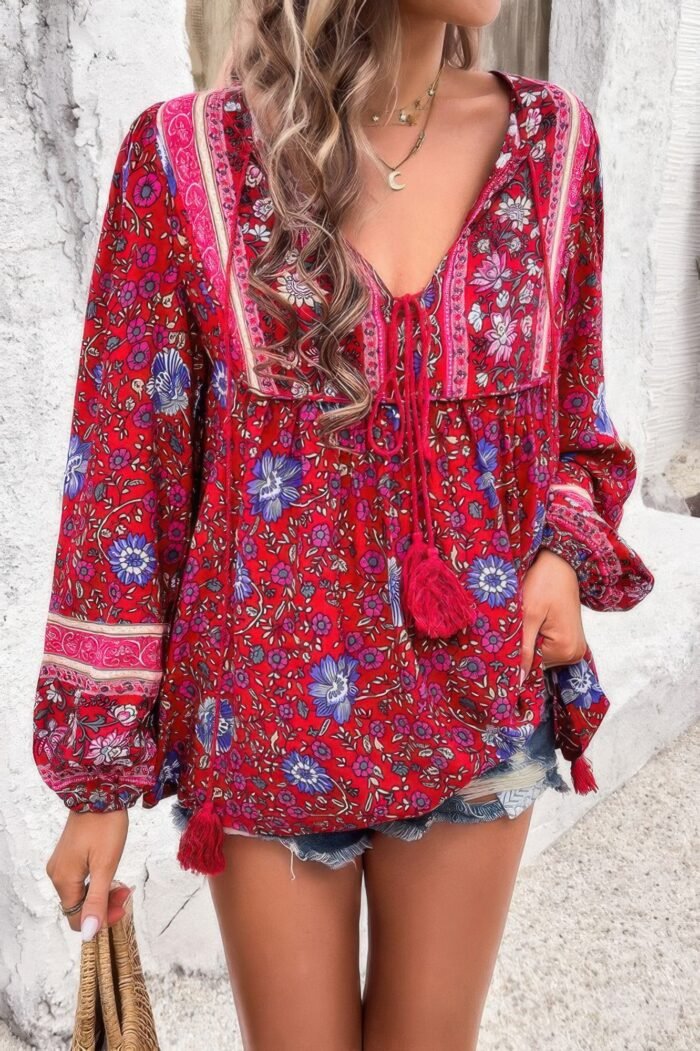All over floral print cross deep v boho top
