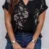 Plus Size Floral Print V Neck Loose Blouse