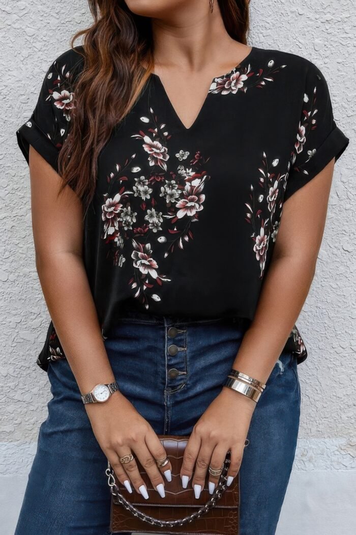 Plus size floral print v neck loose blouse