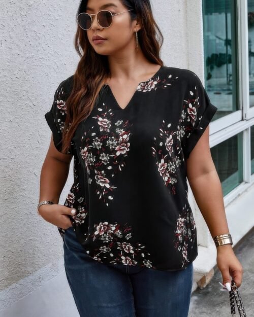 plus size floral print v neck loose blouse