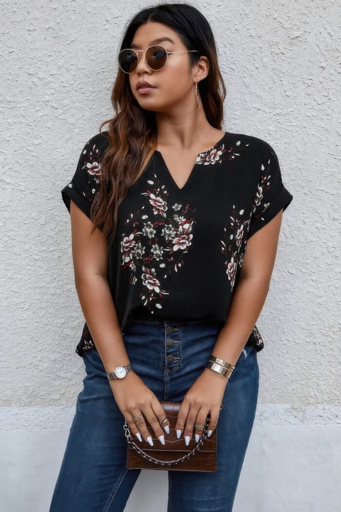 Plus size floral print v neck loose blouse