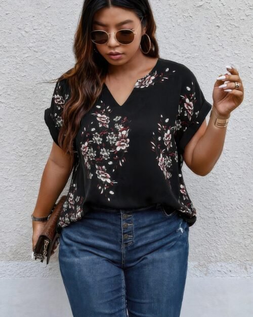 plus size floral print v neck loose blouse