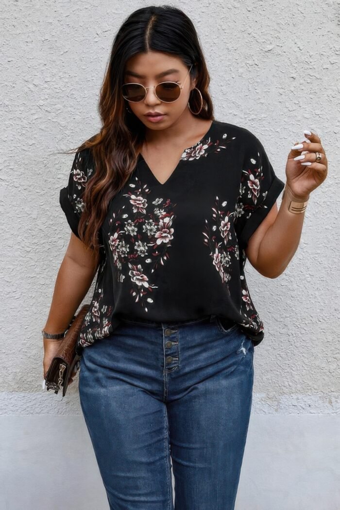 Plus size floral print v neck loose blouse