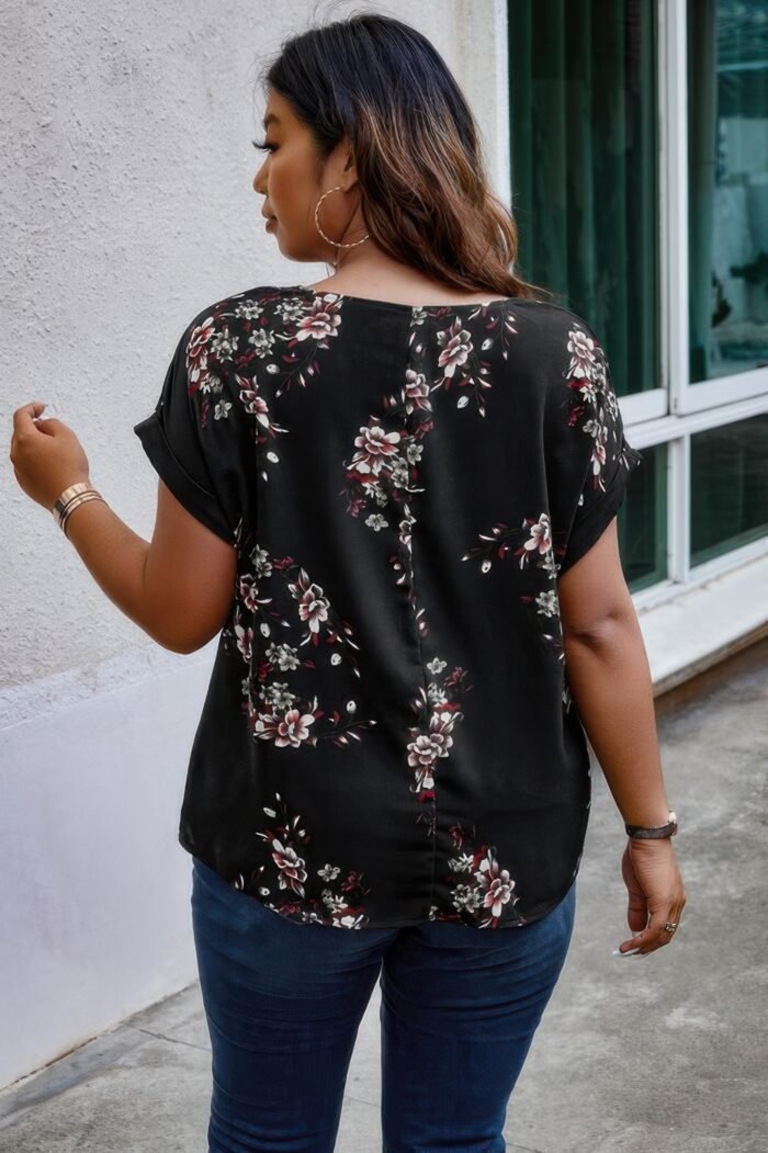 Plus size floral print v neck loose blouse