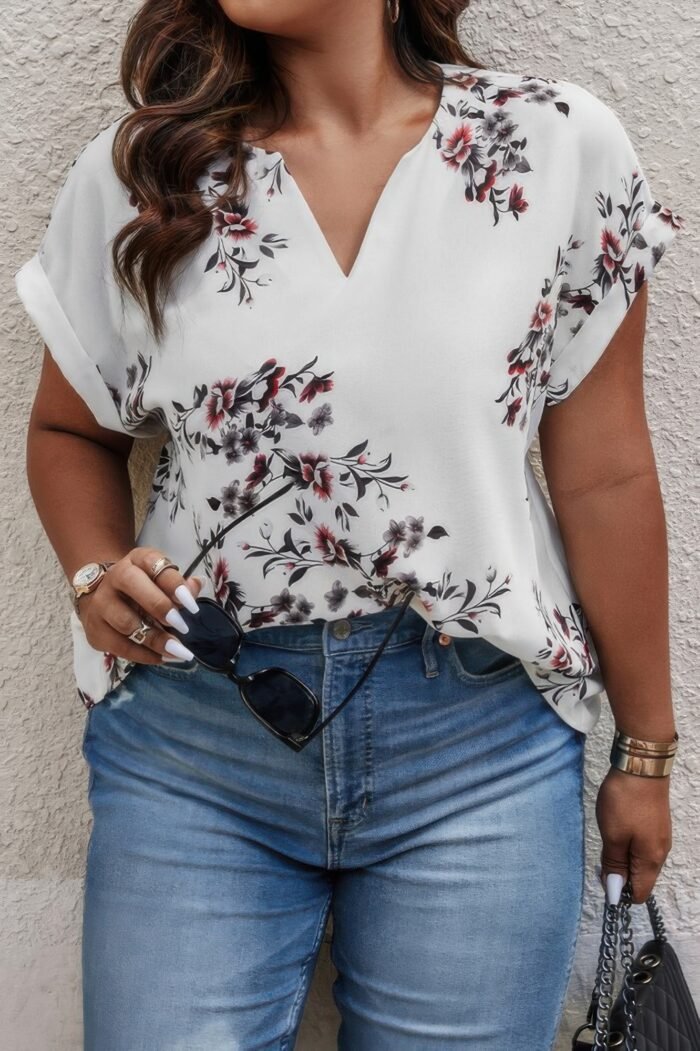 Plus size floral print v neck loose blouse