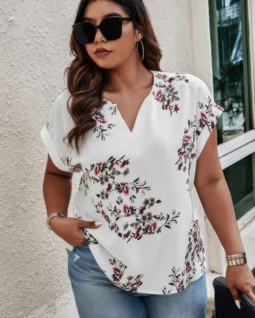 plus size floral print v neck loose blouse