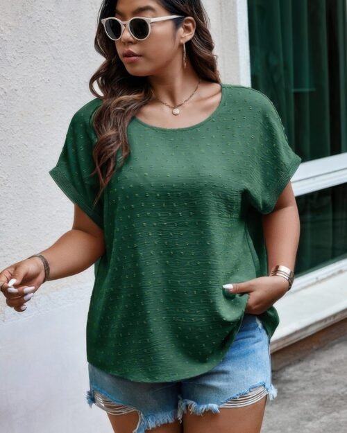 plus size swiss dot solid round neck loose shirt