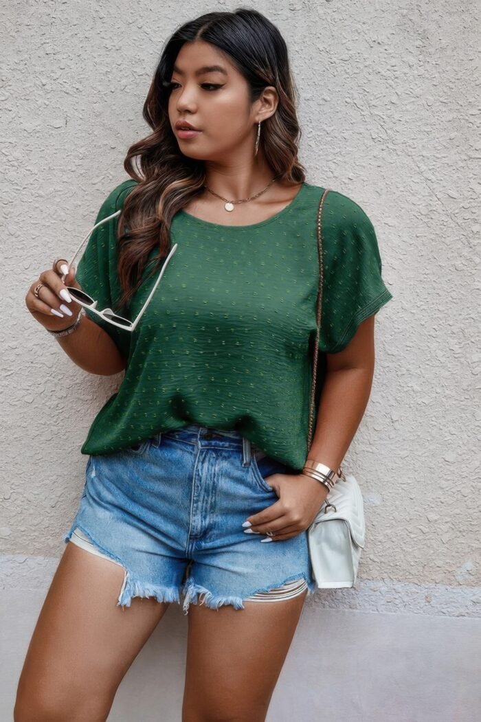 Plus size swiss dot solid round neck loose shirt