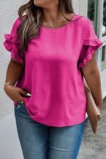 Plus Size Round Neck Ruffle Solid Loose Shirt