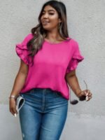 Plus Size Round Neck Ruffle Solid Loose Shirt - Image 3
