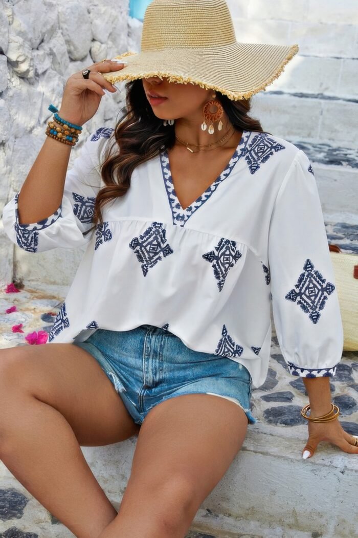 Plus v neck geometric printed embroidered peplum shirt