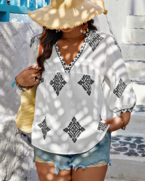 plus v neck geometric printed embroidered peplum shirt