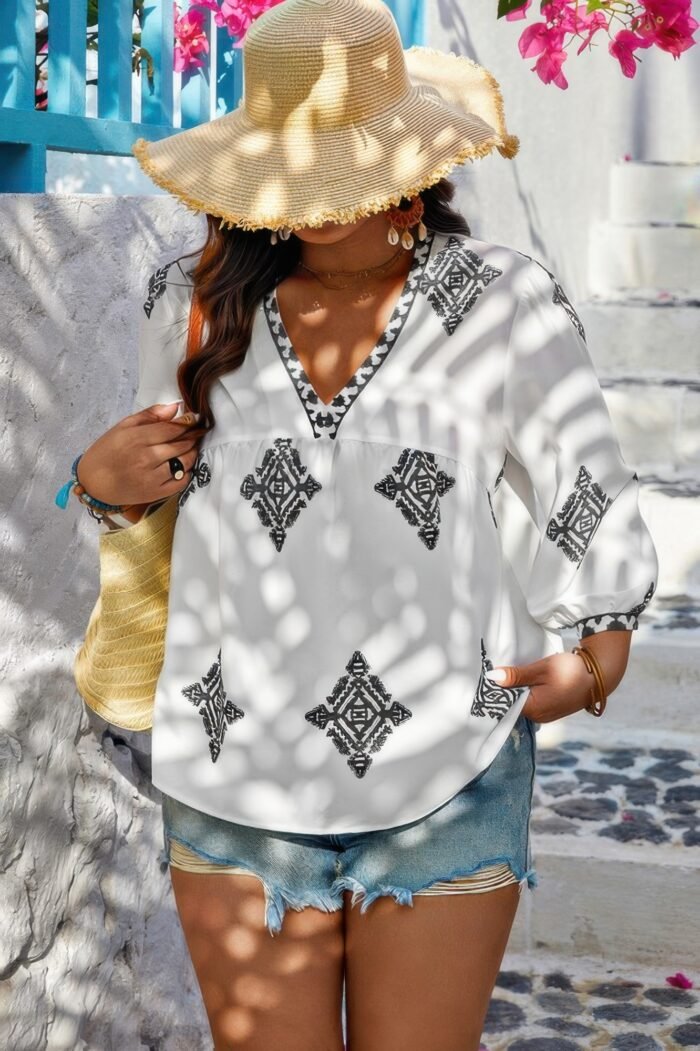 Plus v neck geometric printed embroidered peplum shirt