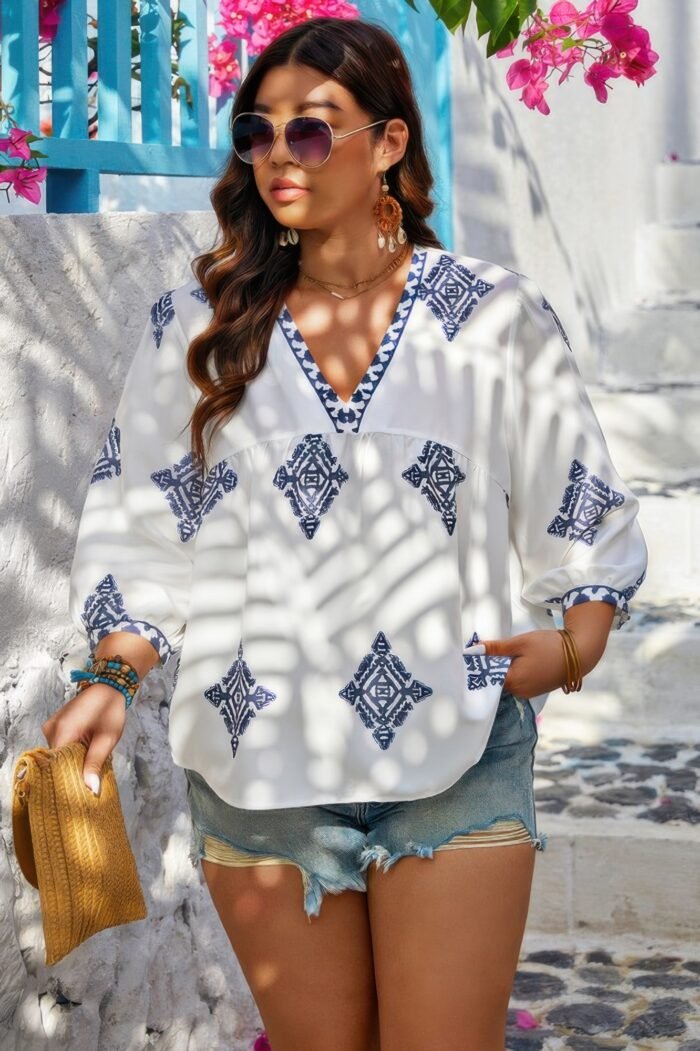 Plus v neck geometric printed embroidered peplum shirt