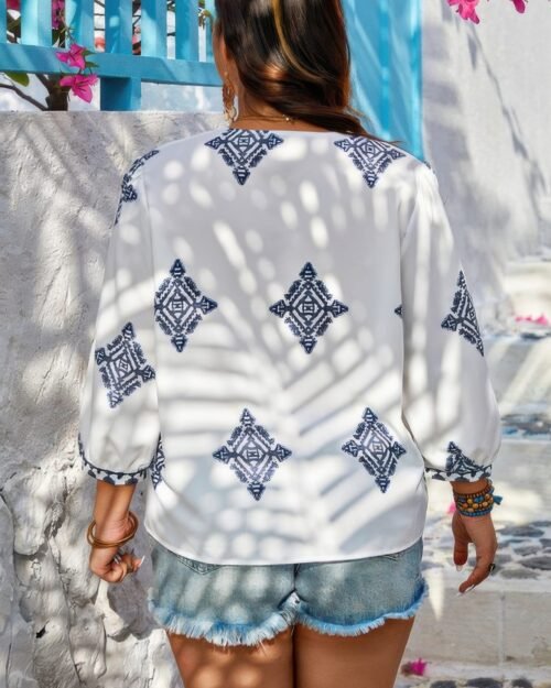 plus v neck geometric printed embroidered peplum shirt