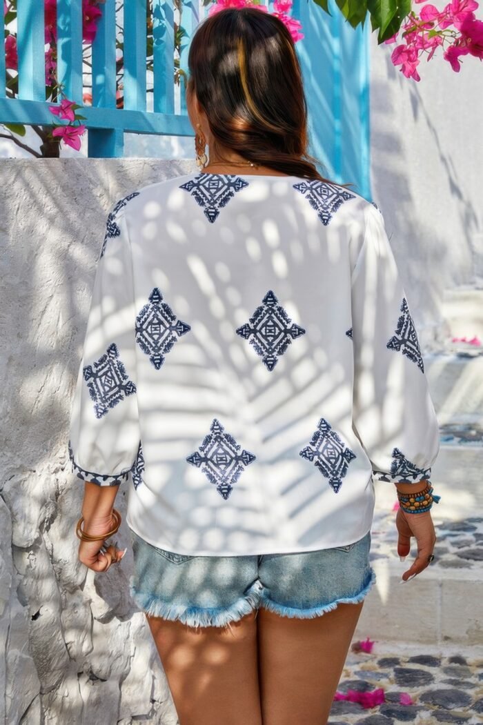 Plus v neck geometric printed embroidered peplum shirt