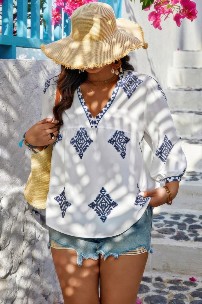 Plus v neck geometric printed embroidered peplum shirt