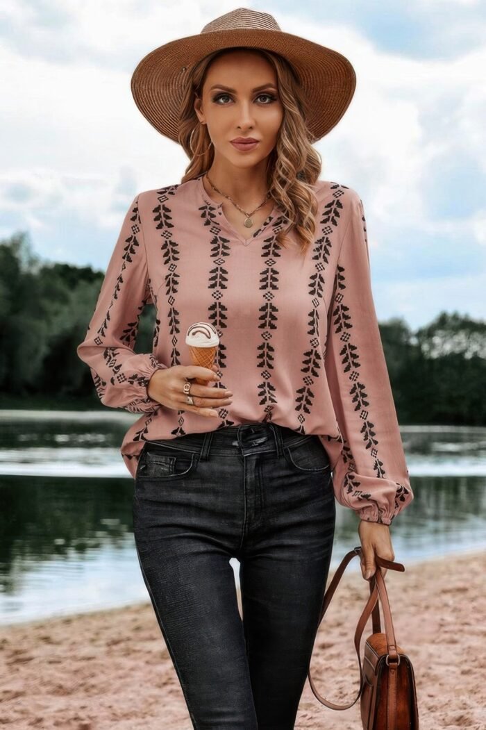 Graphic print strip loose fit v neck blouse - image 1