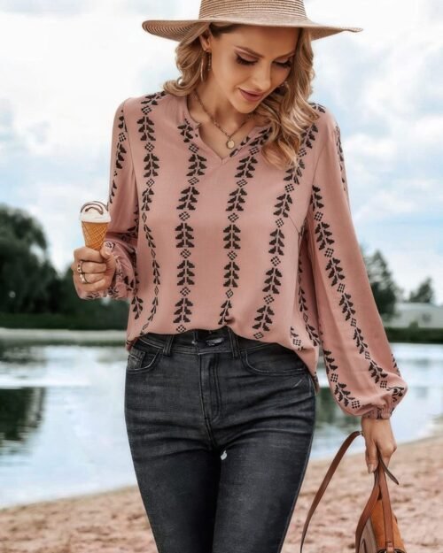 graphic print strip loose fit v neck blouse
