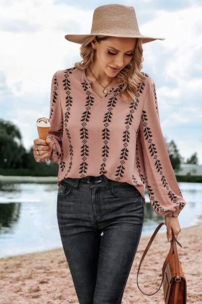 Graphic print strip loose fit v neck blouse - image 2