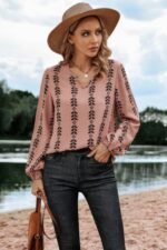 Graphic Print Strip Loose Fit V Neck Blouse - Image 3