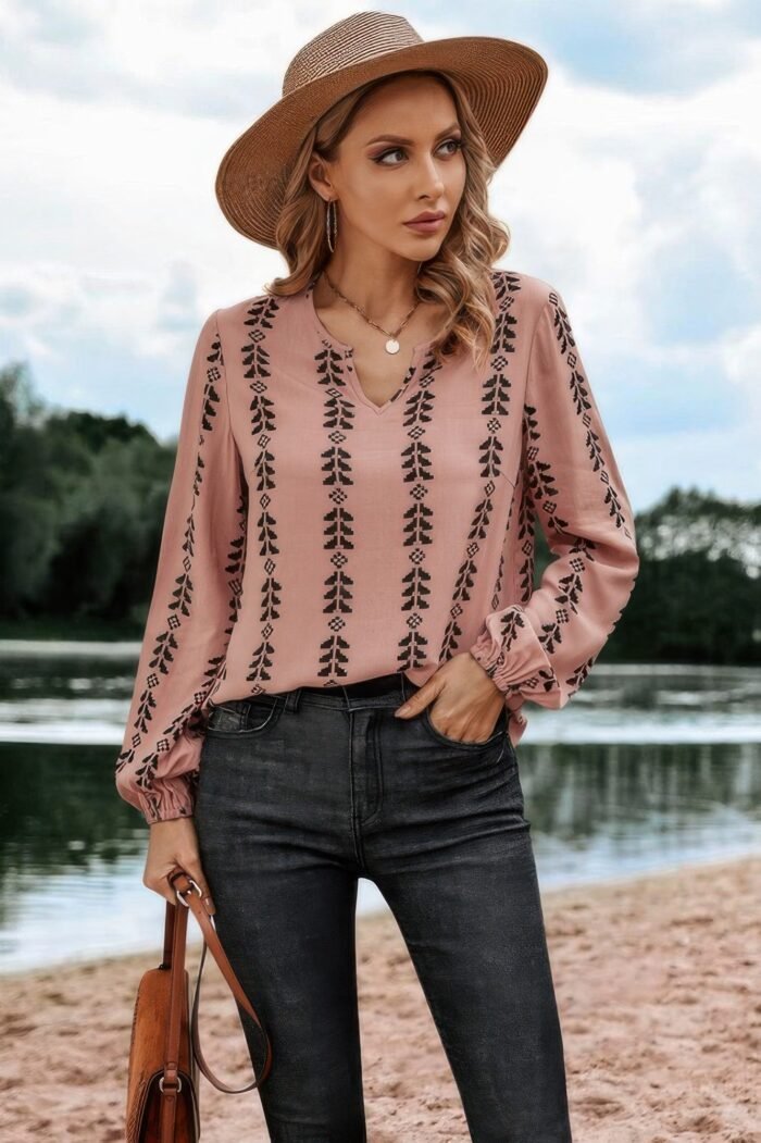 Graphic print strip loose fit v neck blouse - image 3