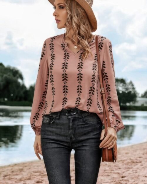 graphic print strip loose fit v neck blouse