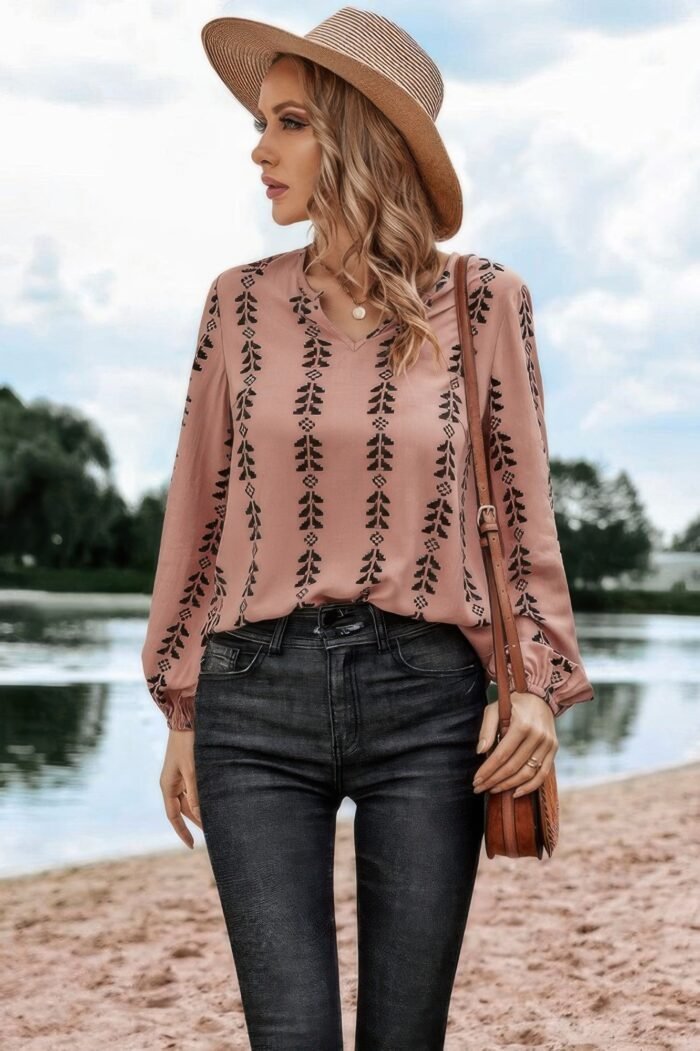 Graphic print strip loose fit v neck blouse - image 5