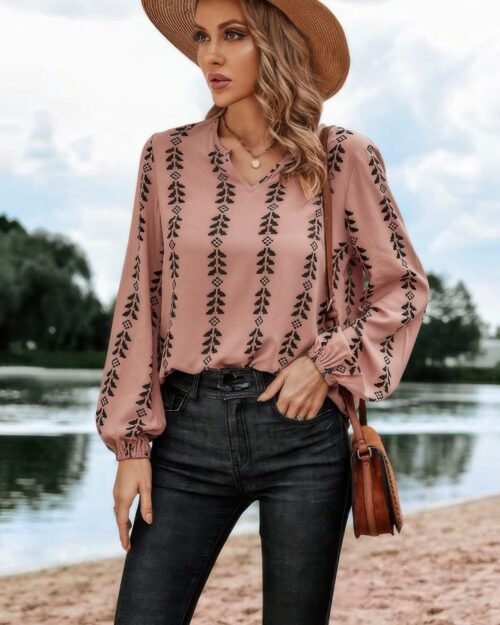 graphic print strip loose fit v neck blouse