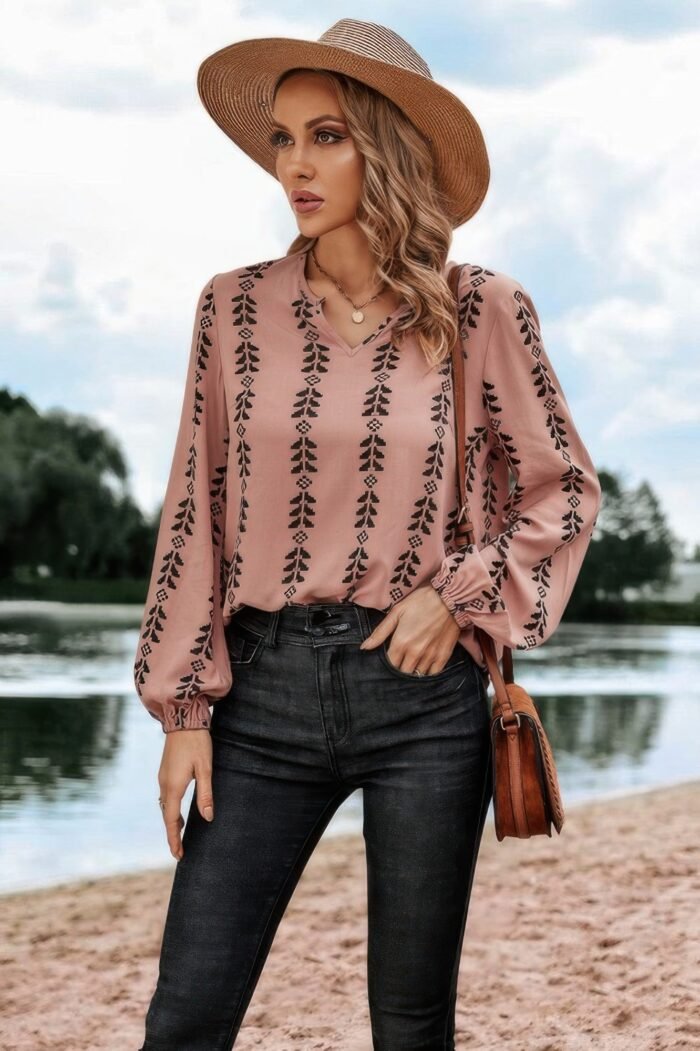 Graphic print strip loose fit v neck blouse - image 6