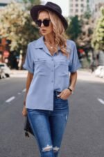 V Neck Button Down Roll Up Sleeve Loose Pocket Blouse - Image 2