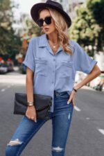 V Neck Button Down Roll Up Sleeve Loose Pocket Blouse - Image 3