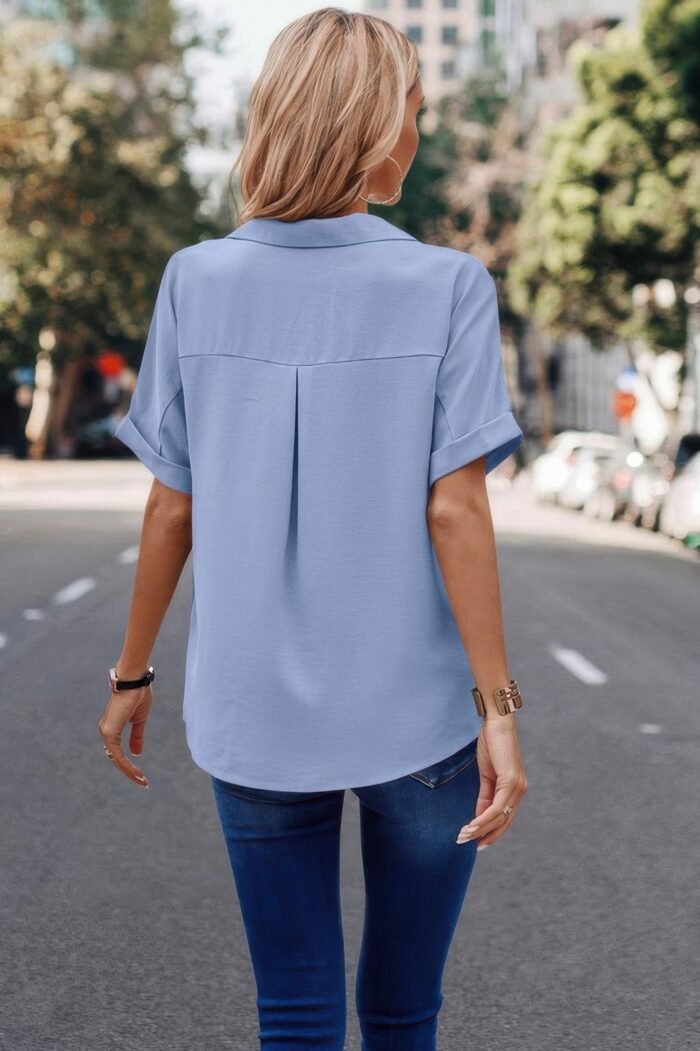 V neck button down roll up sleeve loose pocket blouse - image 4
