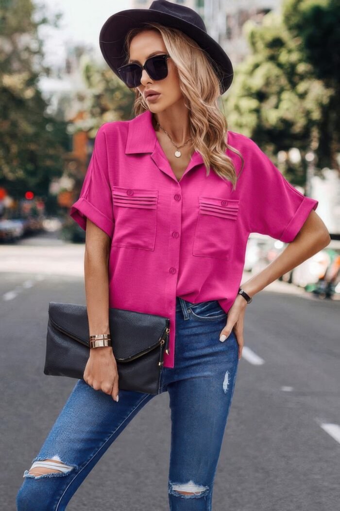 V neck button down roll up sleeve loose pocket blouse - image 7