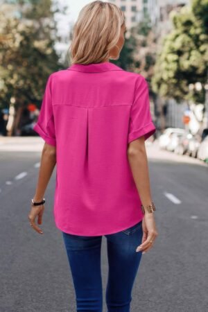 V Neck Button Down Roll Up Sleeve Loose Pocket Blouse V Neck Button Down Roll Up Sleeve Loose Pocket Blouse