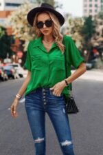 V Neck Button Down Roll Up Sleeve Loose Pocket Blouse - Image 9