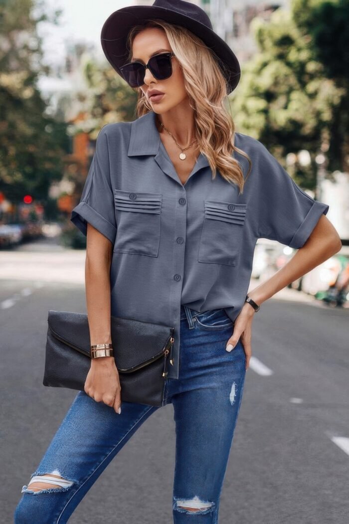V neck button down roll up sleeve loose pocket blouse - image 12