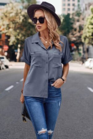 V Neck Button Down Roll Up Sleeve Loose Pocket Blouse V Neck Button Down Roll Up Sleeve Loose Pocket Blouse