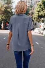 V Neck Button Down Roll Up Sleeve Loose Pocket Blouse - Image 15