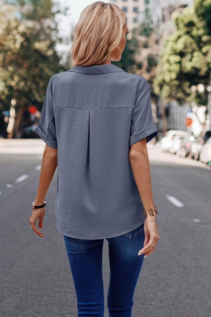 V neck button down roll up sleeve loose pocket blouse - image 15