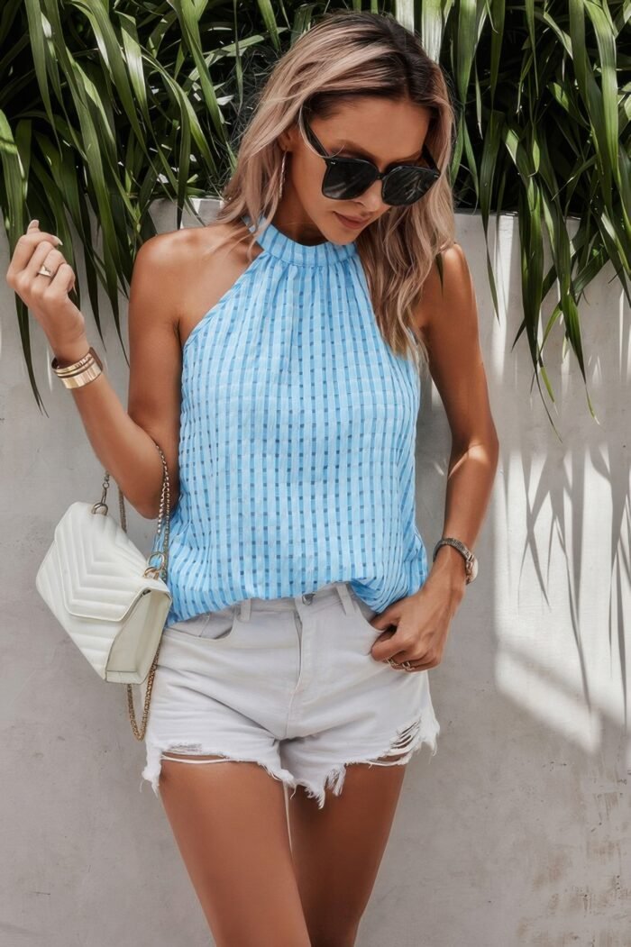 Tartan halter sleeveless cut out back loose shirt