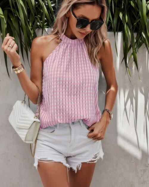 tartan halter sleeveless cut out back loose shirt