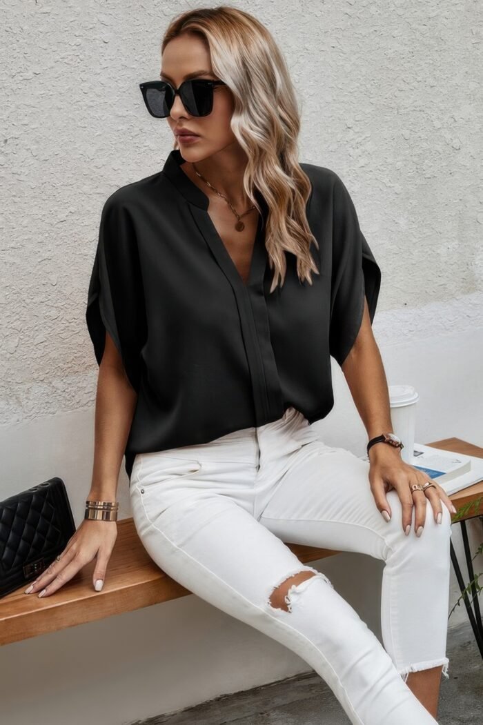 Notched neck solid loose fit half sleeve blouse