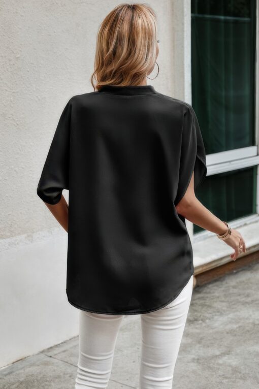 Notched Neck Solid Loose Fit Half Sleeve Blouse - Image 3