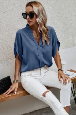 Notched Neck Solid Loose Fit Half Sleeve Blouse