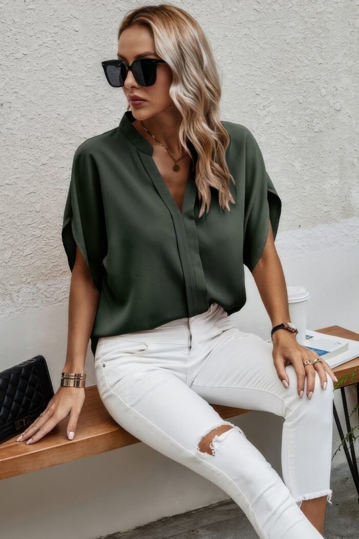 Notched neck solid loose fit half sleeve blouse