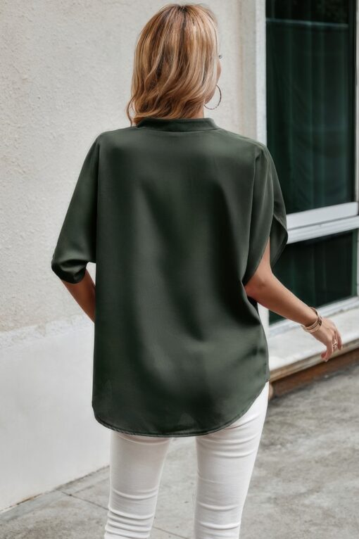 Notched Neck Solid Loose Fit Half Sleeve Blouse - Image 9
