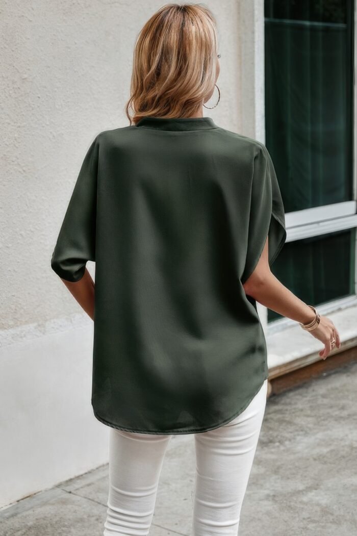 Notched neck solid loose fit half sleeve blouse